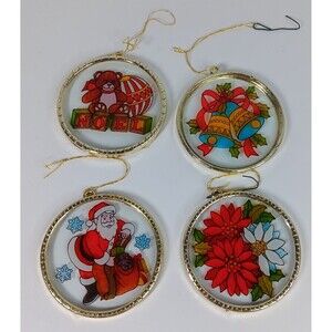 Suncatcher Christmas Ornament Lot Santa Claus Bear Bells Poinsetta Flowers Lot